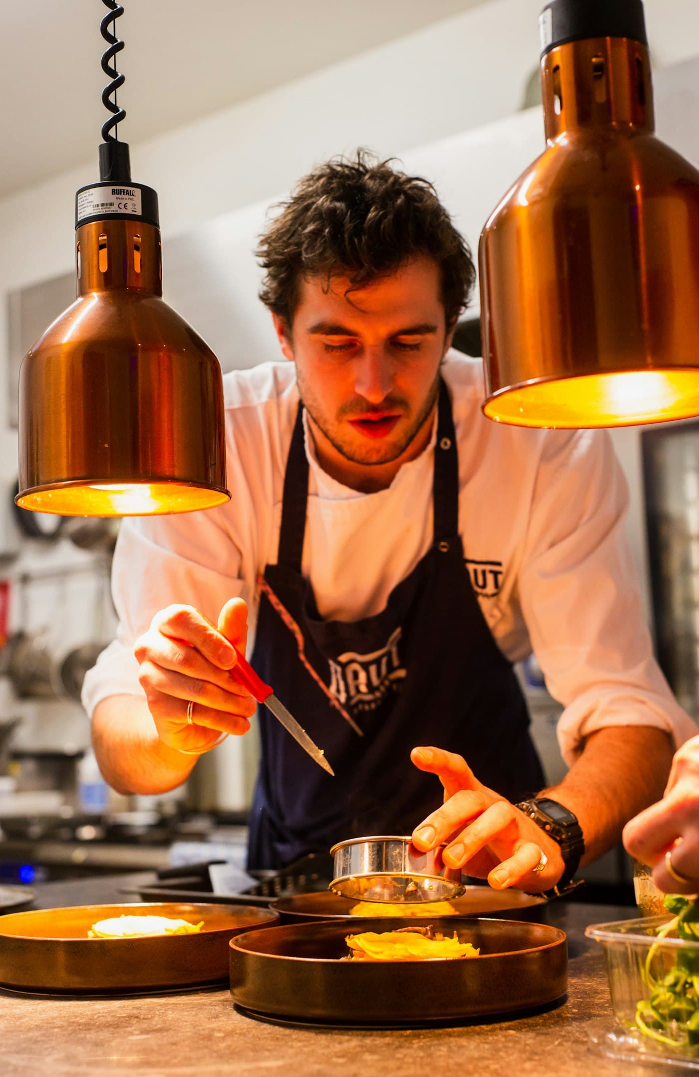Chef plating a dish in a professional kitchen